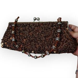 Vintage Bronze Sequin & Beaded Evening Clutch with Statement Beaded Handle